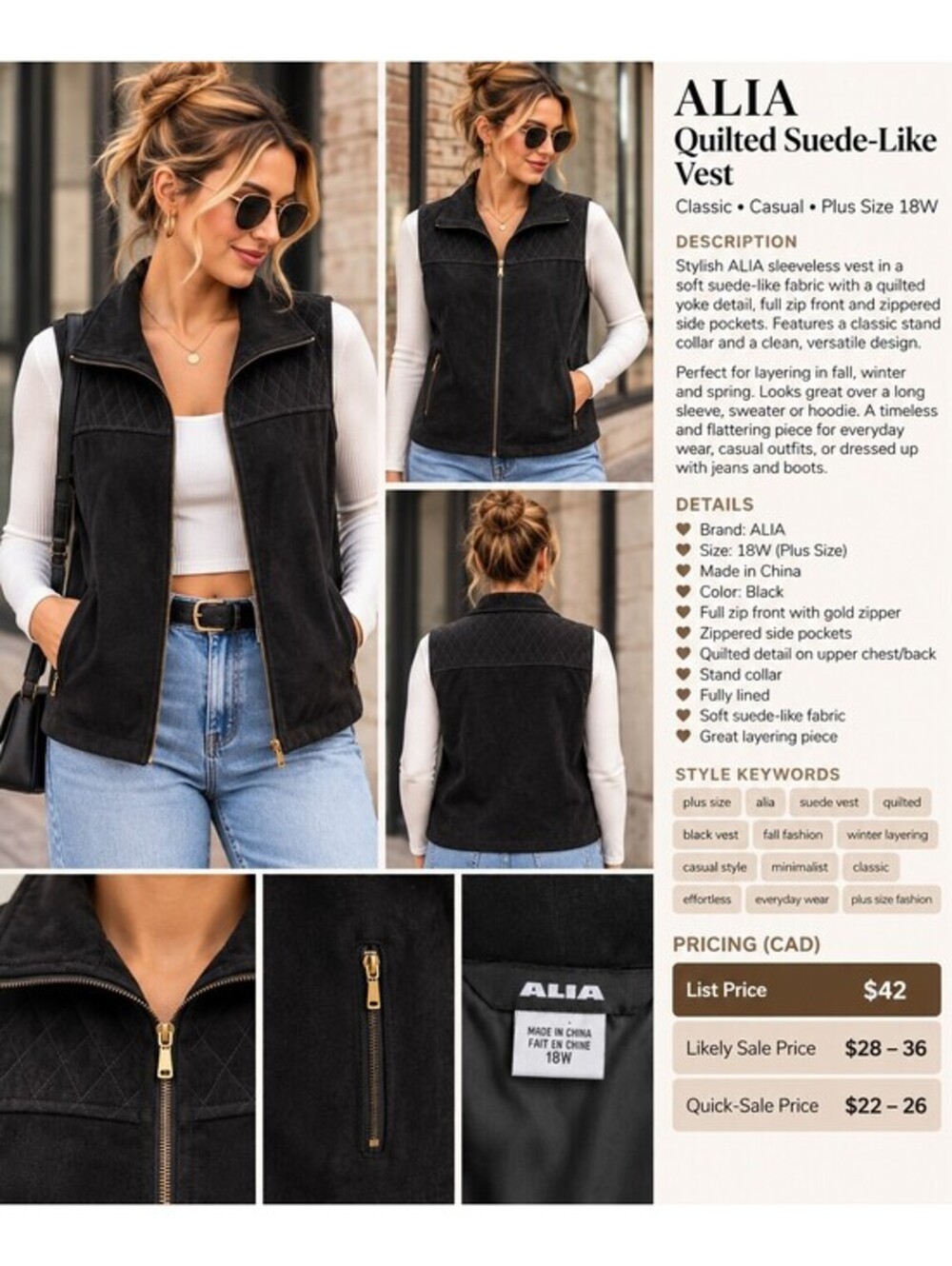 ALIA Women’s 18W Black Faux Suede Quilted Zip Vest Plus Size Quiet Luxury